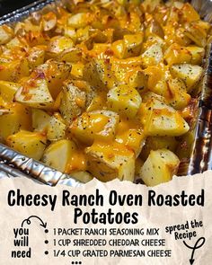 the recipe for cheesy ranch oven roasted potatoes is shown in a baking pan