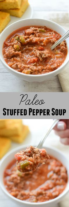 two bowls of stuffed pepper soup with bread in the background