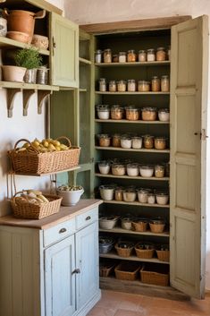 a kitchen with lots of shelves and baskets on top of the cupboards filled with food