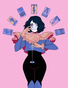 an illustration of a woman with makeup on her face talking on a cell phone while surrounded by playing cards