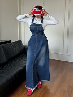 Plus Size Casual Loose Denim Jumper Dress Overalls - Blue Blue Casual  Sleeveless Denim Plain Pinafore Non-Stretch  Women Plus Clothing, size features are:Bust: ,Length: ,Sleeve Length: Dress Overalls, Denim Pullover, Denim Jumper Dress, Blue Overalls, Denim Jumper, Hem Sweater, Sweater Vest Women, Jeans Casual, Overall Dress