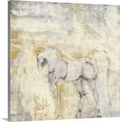 a white horse standing in front of a yellow background framed canvas wall art print on the wall