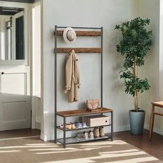 a coat rack with shoes and hats on it next to a potted plant in a room