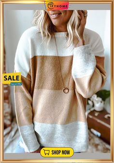 Khaki Casual Color-block Cotton-blend Round Neck Tunic Sweater Knit Jumper Casual Turtleneck, Solid Sweaters, Long Sleeves Coats, Cotton Leggings, Round Neck Sweaters, Sweaters Online, Color Block Sweater, Sweater Sale, Casual Sweaters