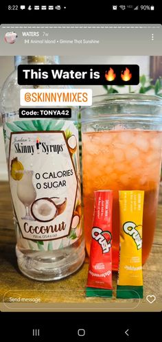 an image of some drinks in a jar on a table with the caption'this water is skinnymikes '