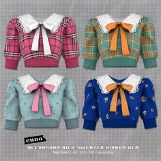 four sweaters with bows are shown in three different colors and patterns, one is blue, the other is pink