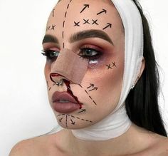 Face Wrapped In Bandages, Haunted Hospital Costume Ideas, Botched Halloween Makeup, Plastic Surgery Gone Wrong Halloween, Botched Halloween Costume, Botched Barbie, Plastic Surgery Costume, Bride Of Frankenstein Halloween Costume, Halloween Lip Makeup