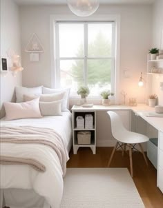 a bedroom with a bed, desk and window