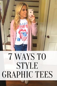 How to Style Graphic Tees. Sharing 7 ways to wear graphic tees. You can dress a graphic tee up and you can dress a graphic tee down. Excited to show you how to make it work! #Fashion #Style T Shirt Jeans Outfit, Grafic Tee Outfits, How To Style Graphic Tees, Concert Tee Outfit, Dress Up Tshirt, Cool Style Outfits, Graphic Tshirt Outfit, Unique Shirts Design, Jeans And T Shirt Outfit