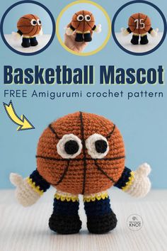 a crocheted basketball mascot is shown in three different poses