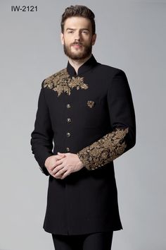 "Make an edgy statement with our BLACK lion  EMBROIDERED INDO WESTERN designed thoughtfully for the modern Indian man. A fusion staple fit for every occasion, adds the right amount of cultural twist to the western silhouette. Color: Black  Garment Type: Indo Western Neck: Mandarin Collar Fabric: Micro Velvet Embroidery: Zari work with sequin embroidery The Product Price is inclusive of: 1 Indo-Western and 1 Trouser Style Bottom Model is 6'2\" wearing Size 38 Product color may slightly vary due to photographic lighting sources or your screen settings. ~We provide fully stitched outfits as per your measurements ~Outfits can be customised in any colours For customisation please contact  ~We provide worldwide shipping ~You choose we design. ~High quality dresses no replicas only hand embroider Embroidery Jodhpuri For Men, Black Indo Western Dress, Jodhpuri Sherwani, Boys Shirts Style, Indo Western Outfits For Men, Casual Wedding Suit, Western Silhouette, Indian Jackets