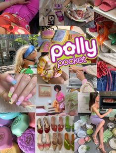 the collage shows many different types of shoes and footwear, including one for dolls