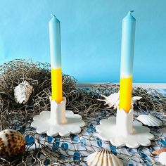 two candles are sitting next to each other on a table with shells and seaweed