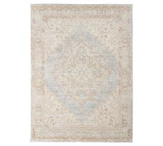 an area rug with a light blue and beige design on the center, in front of a white background