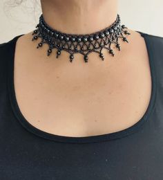 Black Hand Made Gothic Choker Necklace. Goth Beaded Choker - Etsy Ukraine Black Beaded Choker, Adjustable Black Gothic Body Jewelry, Handmade Black Metal Body Jewelry, Black Round Beads With Bead Caps, Gothic Handmade Body Jewelry Gift, Handmade Gothic Body Jewelry As A Gift, Handmade Gothic Body Jewelry Gift, Adjustable Black Jewelry With Bead Caps, Elegant Black Adjustable Body Jewelry