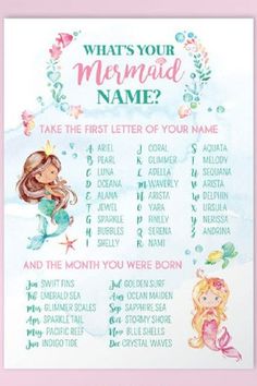 a mermaid themed baby shower game with the words what's your mermaid name?