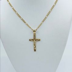 Real 10k Gold Necklace & Cross Pendant Figaro Hollow Link Necklace Yellow & White Gold Diamond Cut Necklace 20” Long Necklace - Lobster Lock 2.5mm Wide Necklace Cross Pendant Yellow Gold Cross With White Cubic Zirconia 1” Charm Cross Cadena Y Dije En Oro De 10k Cruz Mide 1 Pulgada Cadena Mide 20 Pulgadas De Larga Y 2.5 Milmetros De Ancha Dije Crucifico Con Piedra Blanca Zirconia Cadena Con Corte De Diamante Eslabn Figaro Sku 52457 Gold Crucifix Necklace In 14k Gold, Gold Crucifix With Figaro Chain Jewelry, Yellow Gold Plated Crucifix Jewelry, 14k Gold Crucifix Necklace Fine Jewelry, White Crucifix Necklace In Fine Jewelry Style, White Crucifix Necklace Fine Jewelry, 14k Gold Cross Figaro Chain Jewelry, Gold Plated White Gold Cross Pendant Jewelry, Yellow Gold Cross Jewelry With Figaro Chain