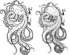 two drawings of an octopus, one in black and the other in white with ink