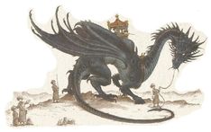 a drawing of a black dragon with people around it and a castle in the background