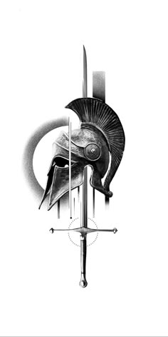 a black and white drawing of a helmet with two swords sticking out of it's side