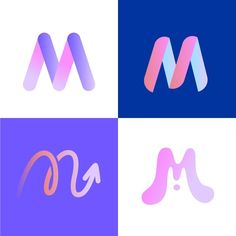 the letter m is made up of four different colored shapes and colors, including pink, blue