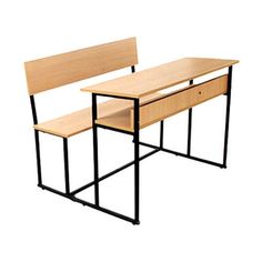 two desks with one bench on each side and the other in black metal frame