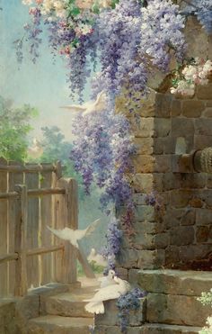 a painting of birds flying over a gate and flowers on the side of a building