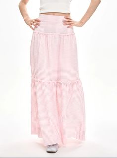 Embrace the whimsical allure of the Striped Ruffle Hem Maxi Skirt, a perfect blend of charm and versatility.
This elegant A-line skirt features a high waist design, crafting a flattering silhouette that elongates the legs. Made from 100% polyester fiber, it offers durable wear while maintaining a graceful flow. The playful stripes and ruffle hem add a retro-inspired twist, while the full length promises to sway with your every step.
Its effortless style is ideal for everything from weekend brunc Chic Tiered Maxi Skirt With Layered Hem, Chic Skirt With Layered Voluminous Hem, Feminine Maxi Skirt For The Beach, Chic Voluminous Skirt With Layered Hem, Elegant Tiered Skirt With Elastic Waistband, Spring Relaxed Long Maxi Skirt, Feminine Long Skirt With Ruffles, Feminine Long Skirt With Ruffle Hem, Chic Flowy Maxi Skirt With Layered Hem