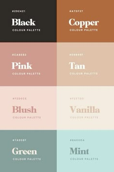 four different color palettes with the words pink and green