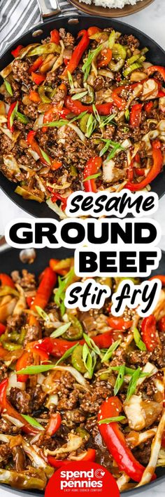 ground beef stir fry with peppers and onions in a skillet