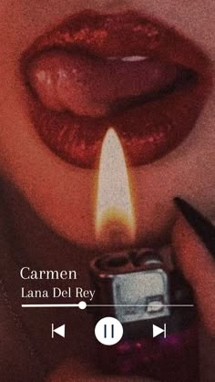 a woman holding a lighter in her mouth with the caption'carmen lana del ray '