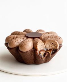 a white plate topped with chocolate cupcakes covered in frosting