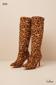 All your favorite cold weather looks will be even better this season with the Silva Leopard Suede Pointed-Toe Knee-High Boots! Soft faux suede, with a trendy leopard design throughout, shapes these must-have boots that feature a classic pointed-toe upper, a seamed vamp, and a 14"" knee-high shaft with a 14.5"" circumference. 8"" zipper at the instep. Flirty stiletto heel completes the chic design! 3. 25" wrapped stiletto heel. Lightly cushioned insole. Felted rubber sole has nonskid markings. Ma Boots Leopard, Leopard Design, Stiletto Boots, Heel Boots, Tall Boots, High Heel Boots, The Chic, Chic Design, Stiletto Heel