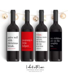 three bottles of wine with christmas sayings on the front and back, hanging from a string