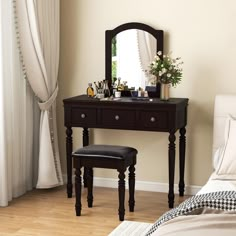 a bedroom scene with focus on the dressing table and stool, along with a window