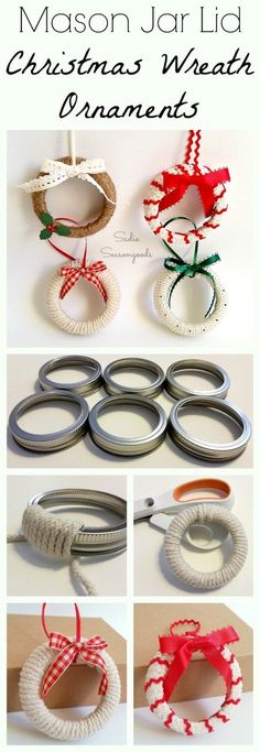 christmas wreaths made out of paper and yarn are shown with instructions to make them