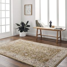 a living room with white walls and wooden floors, an area rug on the floor