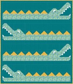 an alligator quilt pattern with yellow and blue accents on the front, in three rows