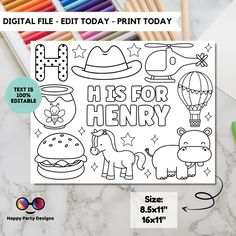 a coloring page with the words he is for henry on it