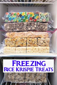 freezeing rice krispie treats in the refrigerator with text overlay that reads, freezing rice krispies treats