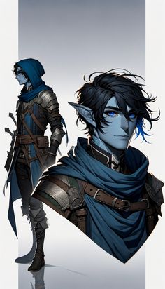 an image of a man in armor with blue hair standing next to another man wearing a cape