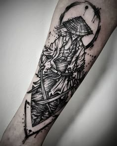 a black and white tattoo on the arm of a man with an umbrella over his head