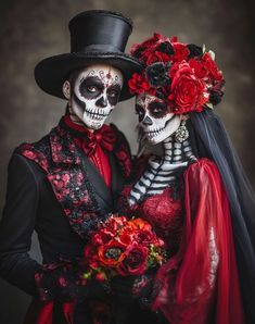 two people dressed up in skeleton makeup and costumes for day of the dead wedding ceremony