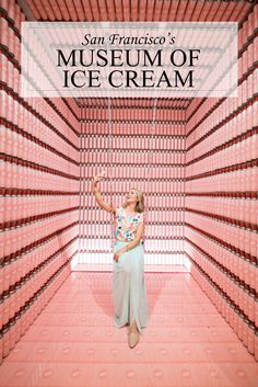 a woman sitting in an ice cream shop with the words san francisco's museum of ice cream