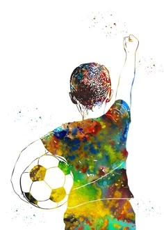 a watercolor painting of a person holding a soccer ball and raising their arm in the air