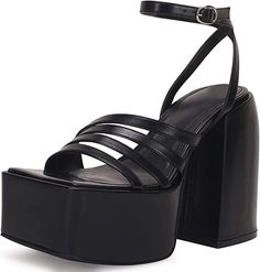 VETASTE Women's Chunky Platform Open Squared Toe Heels Ankle Strap Block High Heeled Sandals High Heeled Sandals, Chunky Platform, Heeled Sandals, High Heel Sandals, Black Heels, High Heel Shoes, Ankle Strap