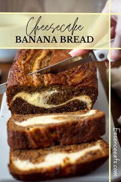 someone cutting into a banana bread on top of a pan with the words cheesecake banana bread