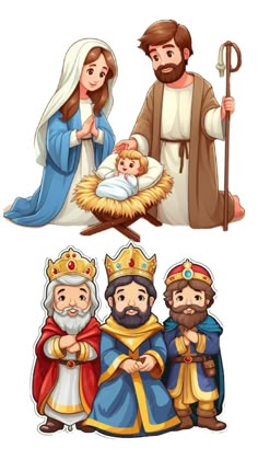 the nativity scene with three wise men and two wise women, one holding a baby jesus