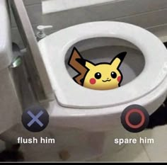 a toilet with the lid up and an image of a pikachu on it