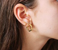 a close up of a person wearing gold earring designs on their ears and nose